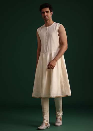 Beige Silk Sherwani Set With Zardozi Work