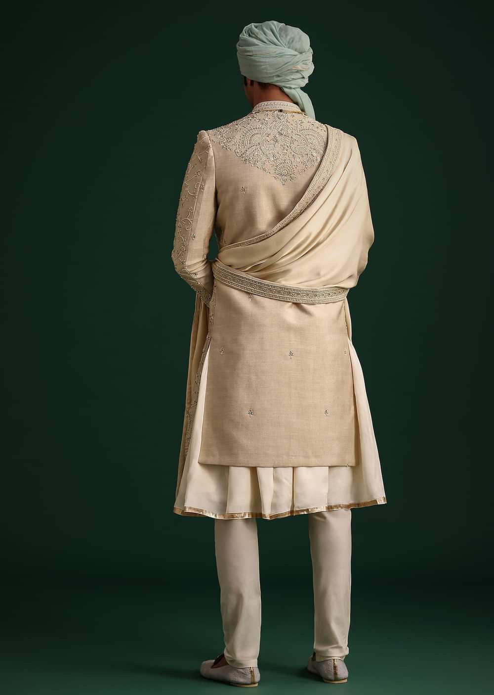 Beige Silk Sherwani Set With Zardozi Work
