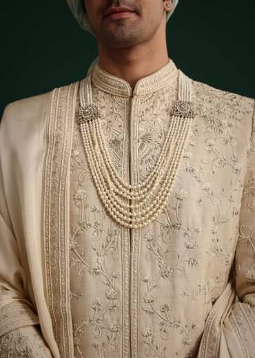 Beige Silk Sherwani Set With Zardozi Work
