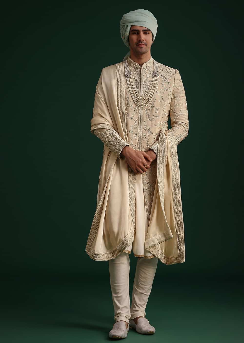Beige Silk Sherwani Set With Zardozi Work