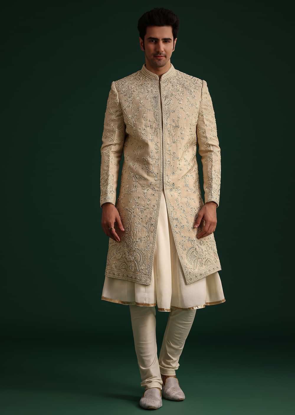 Beige Silk Sherwani Set With Zardozi Work