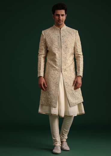 Beige Silk Sherwani Set With Zardozi Work