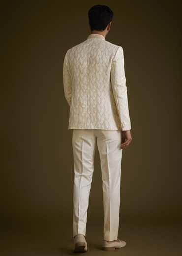 Beige Silk Textured Jodhpuri Suit With Cut Dana Accents