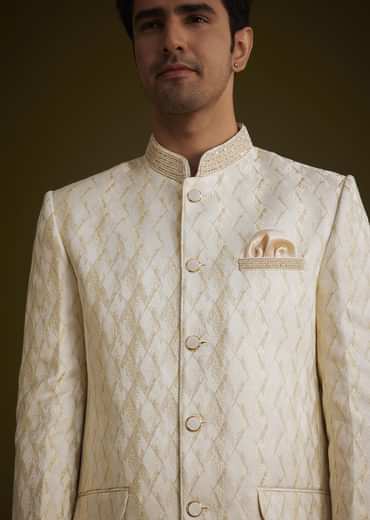 Beige Silk Textured Jodhpuri Suit With Cut Dana Accents
