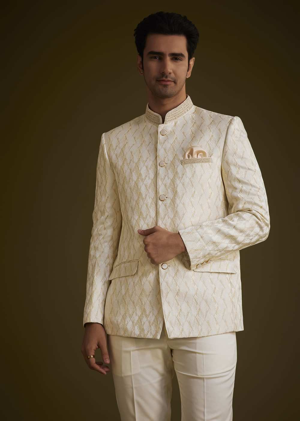 Beige Silk Textured Jodhpuri Suit With Cut Dana Accents