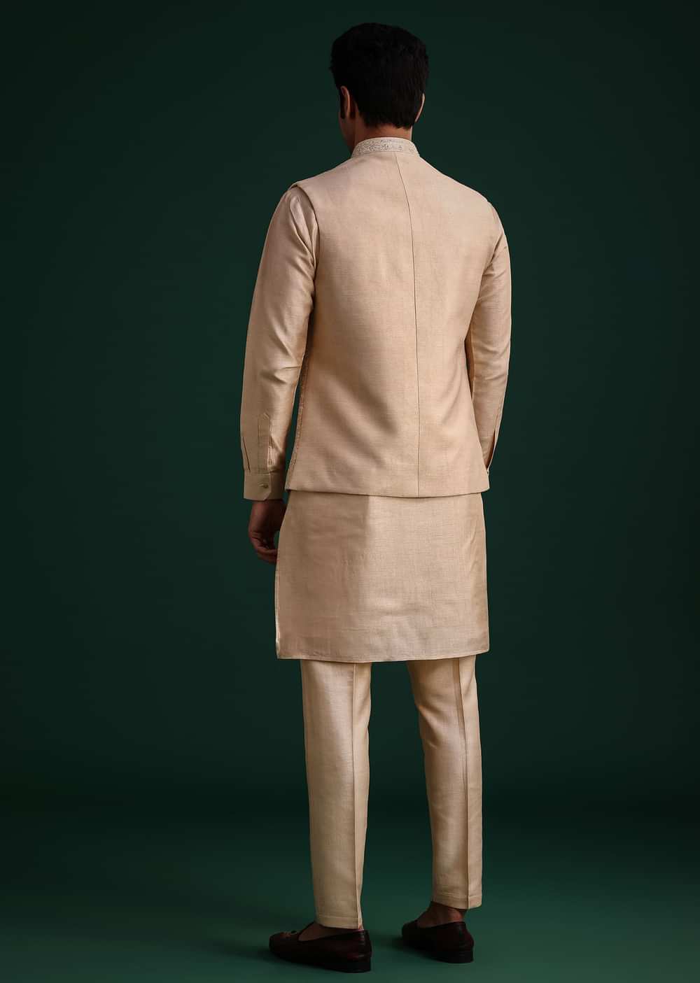 Beige Silk Kurta Set With Threadwork Jacket