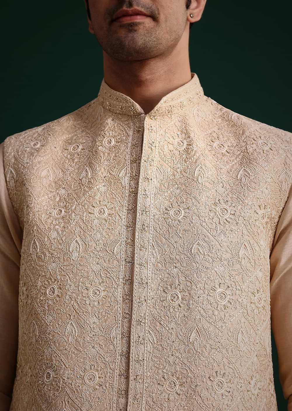 Beige Silk Kurta Set With Threadwork Jacket