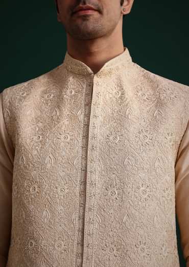 Beige Silk Kurta Set With Threadwork Jacket