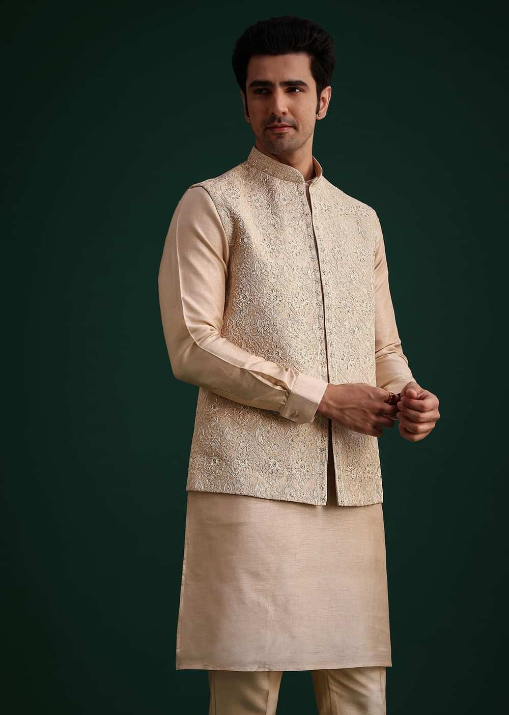 Beige Silk Kurta Set With Threadwork Jacket