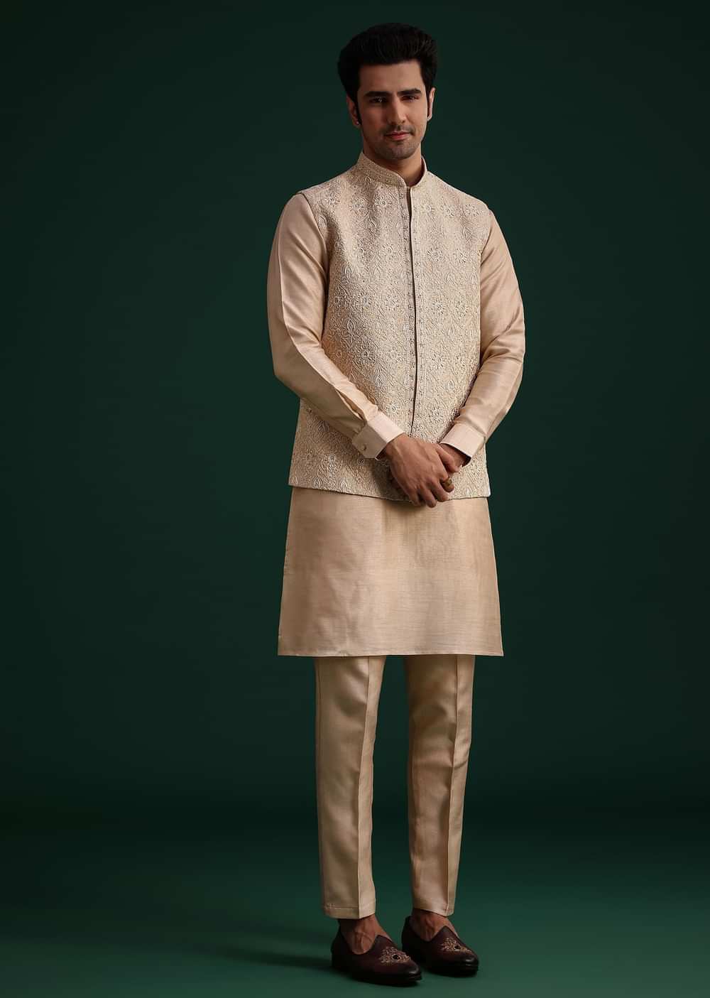 Beige Silk Kurta Set With Threadwork Jacket