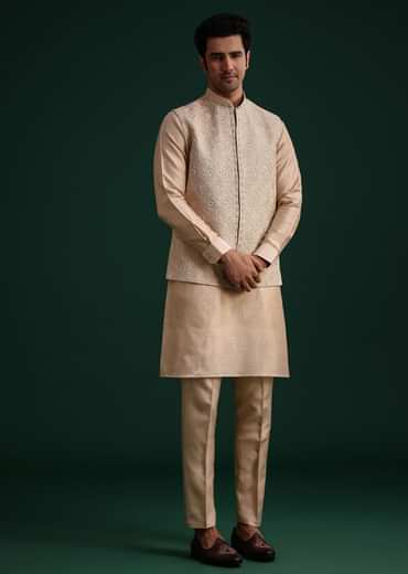 Beige Silk Kurta Set With Threadwork Jacket