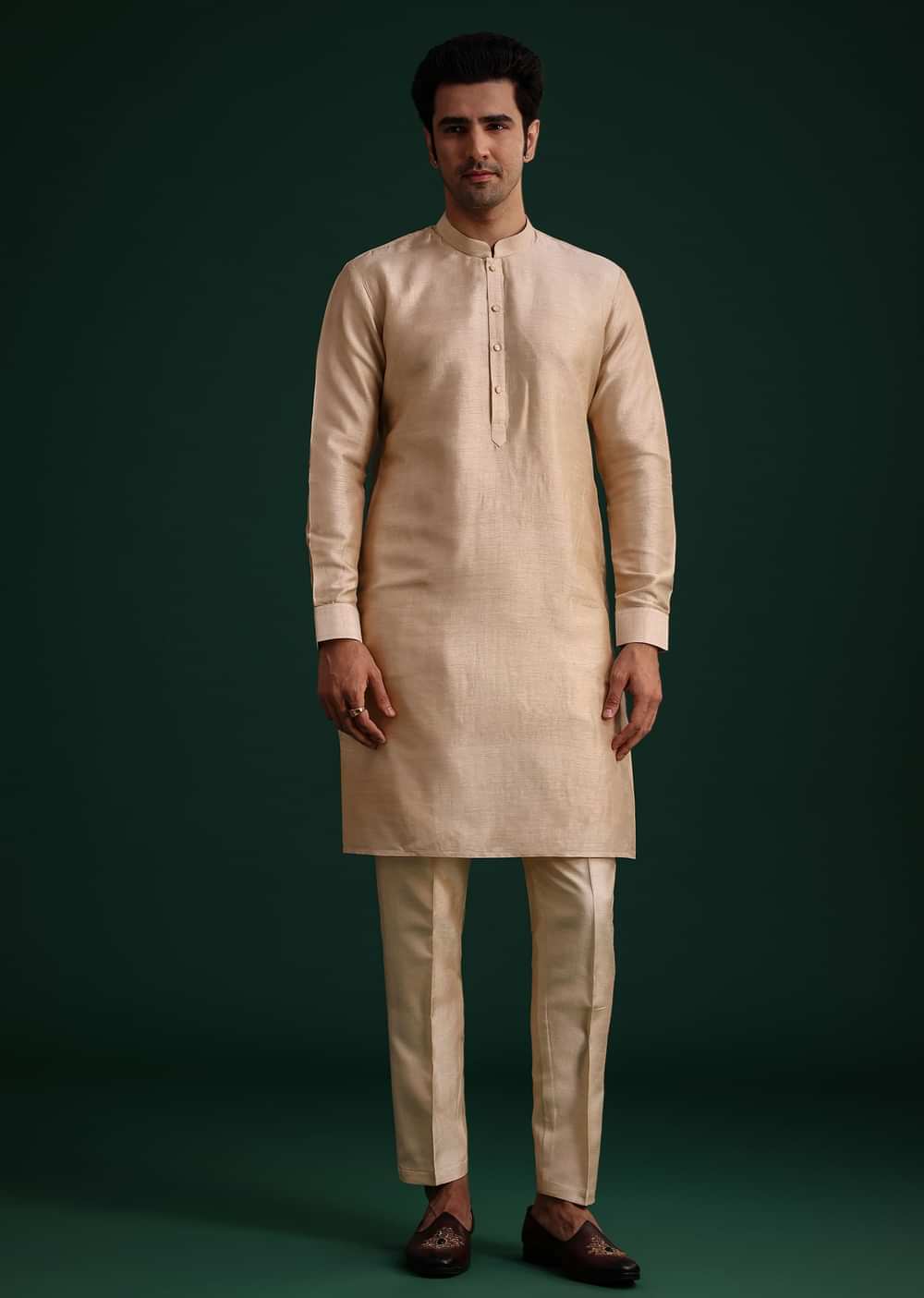 Beige Silk Kurta Set With Threadwork Jacket