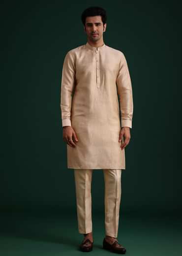 Beige Silk Kurta Set With Threadwork Jacket
