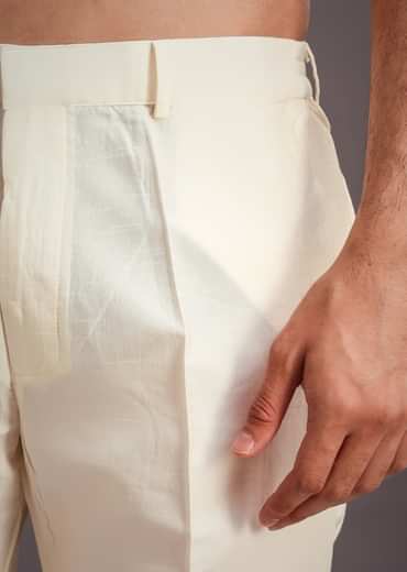 Beige Silk Threadwork Jacket Kurta Set For Men