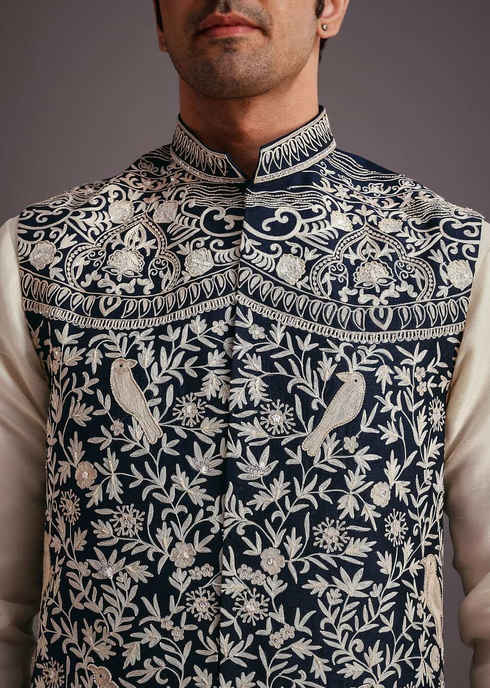 Beige Silk Threadwork Jacket Kurta Set For Men