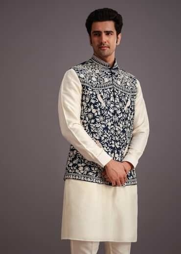 Beige Silk Threadwork Jacket Kurta Set For Men