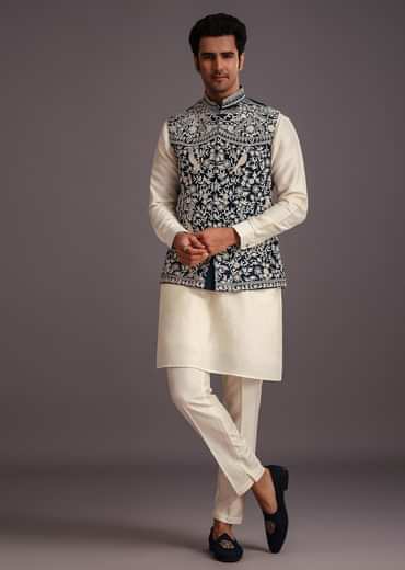 Beige Silk Threadwork Jacket Kurta Set For Men