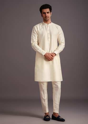 Beige Silk Threadwork Jacket Kurta Set For Men
