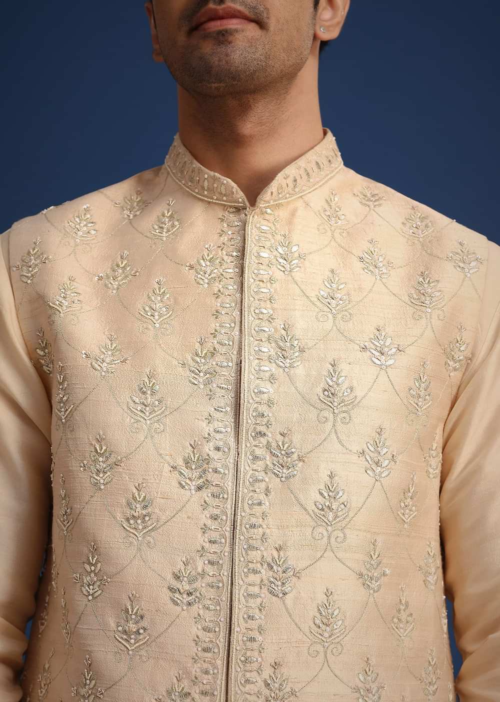Beige Silk Zardozi Work Jacket And Kurta Set