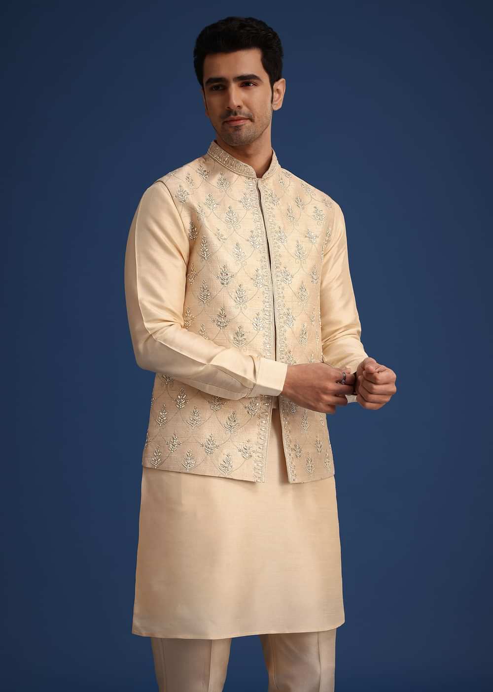 Beige Silk Zardozi Work Jacket And Kurta Set