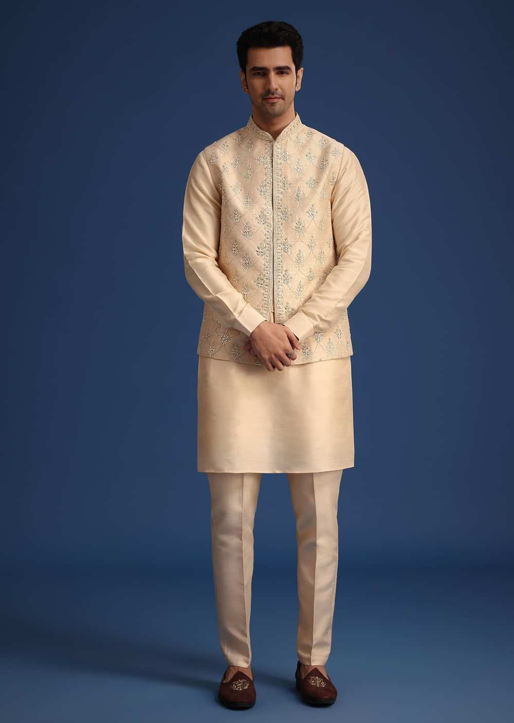 Beige Silk Zardozi Work Jacket And Kurta Set