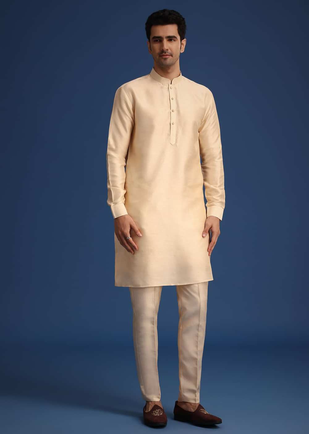 Beige Silk Zardozi Work Jacket And Kurta Set