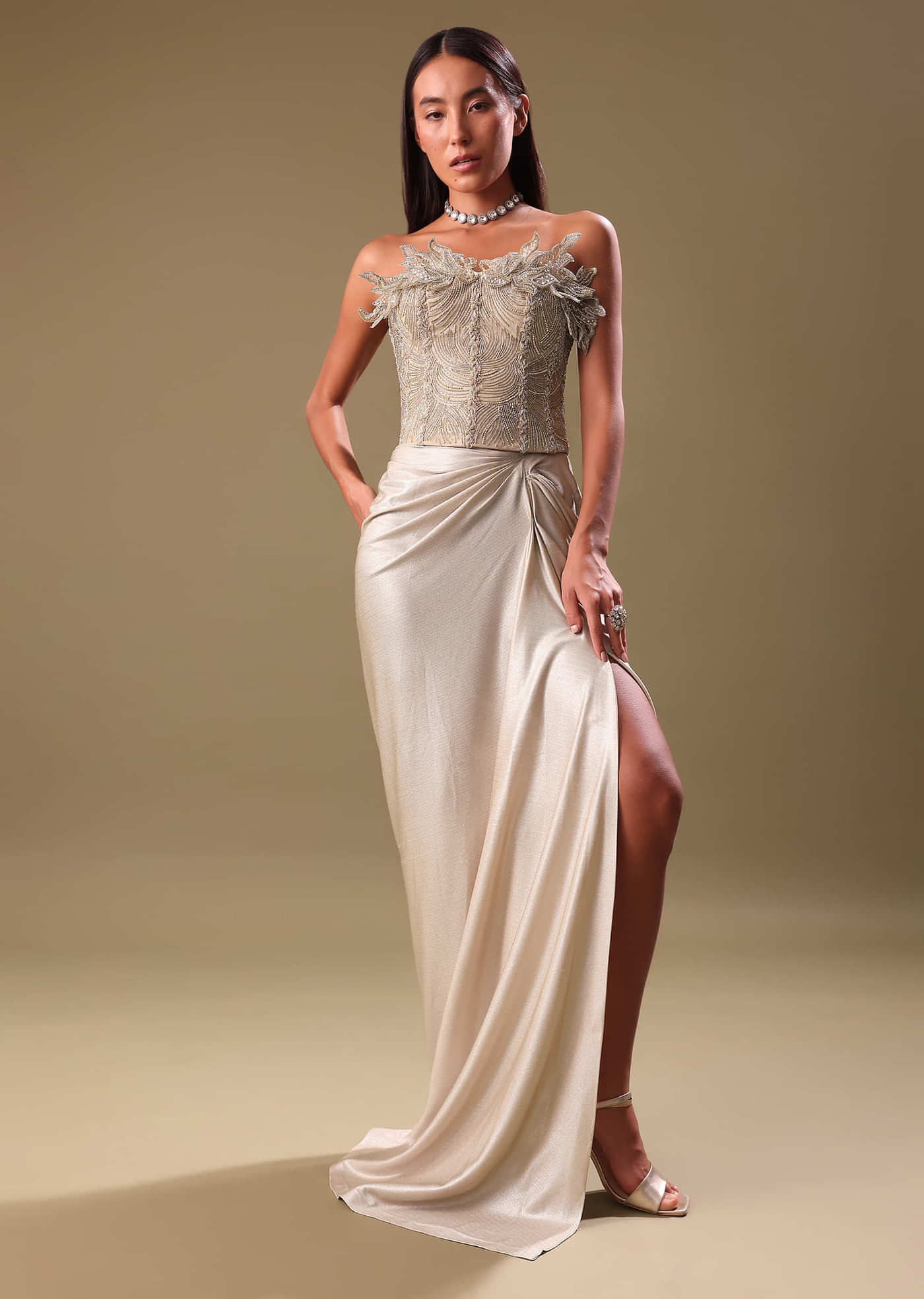 Beige Silver Draped Skirt With Embroidered Blouse