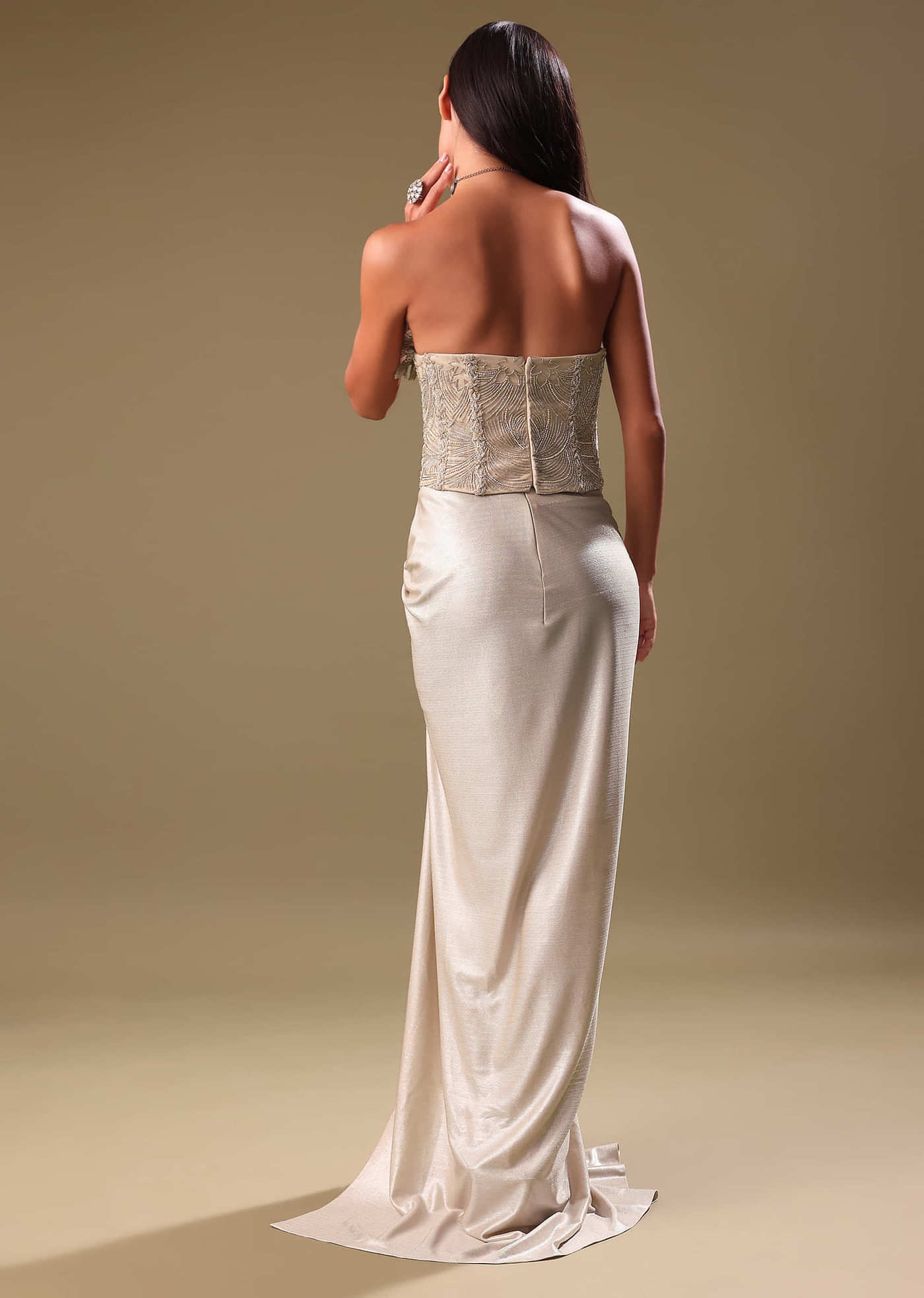 Beige Silver Draped Skirt With Embroidered Blouse