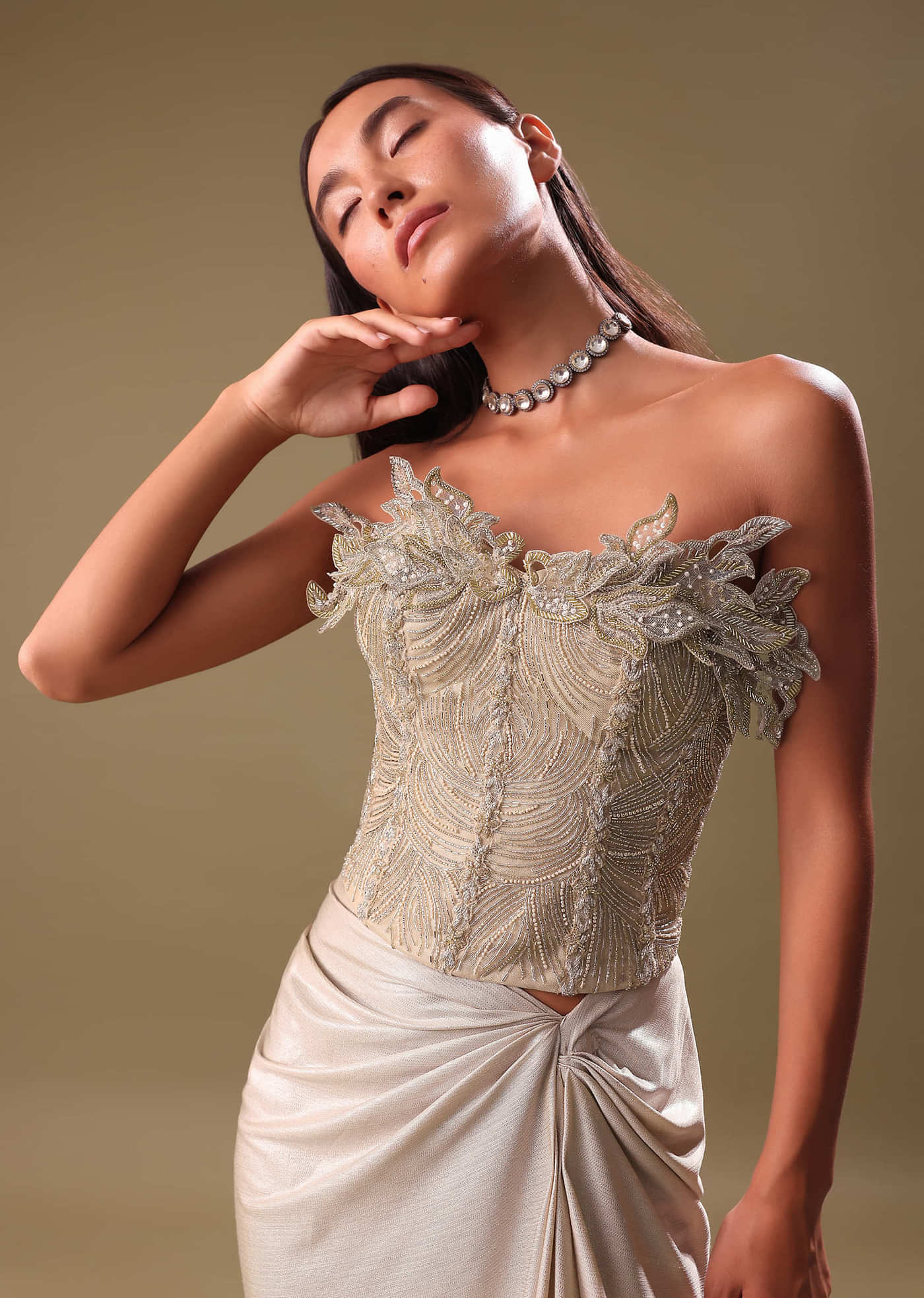 Beige Silver Draped Skirt With Embroidered Blouse