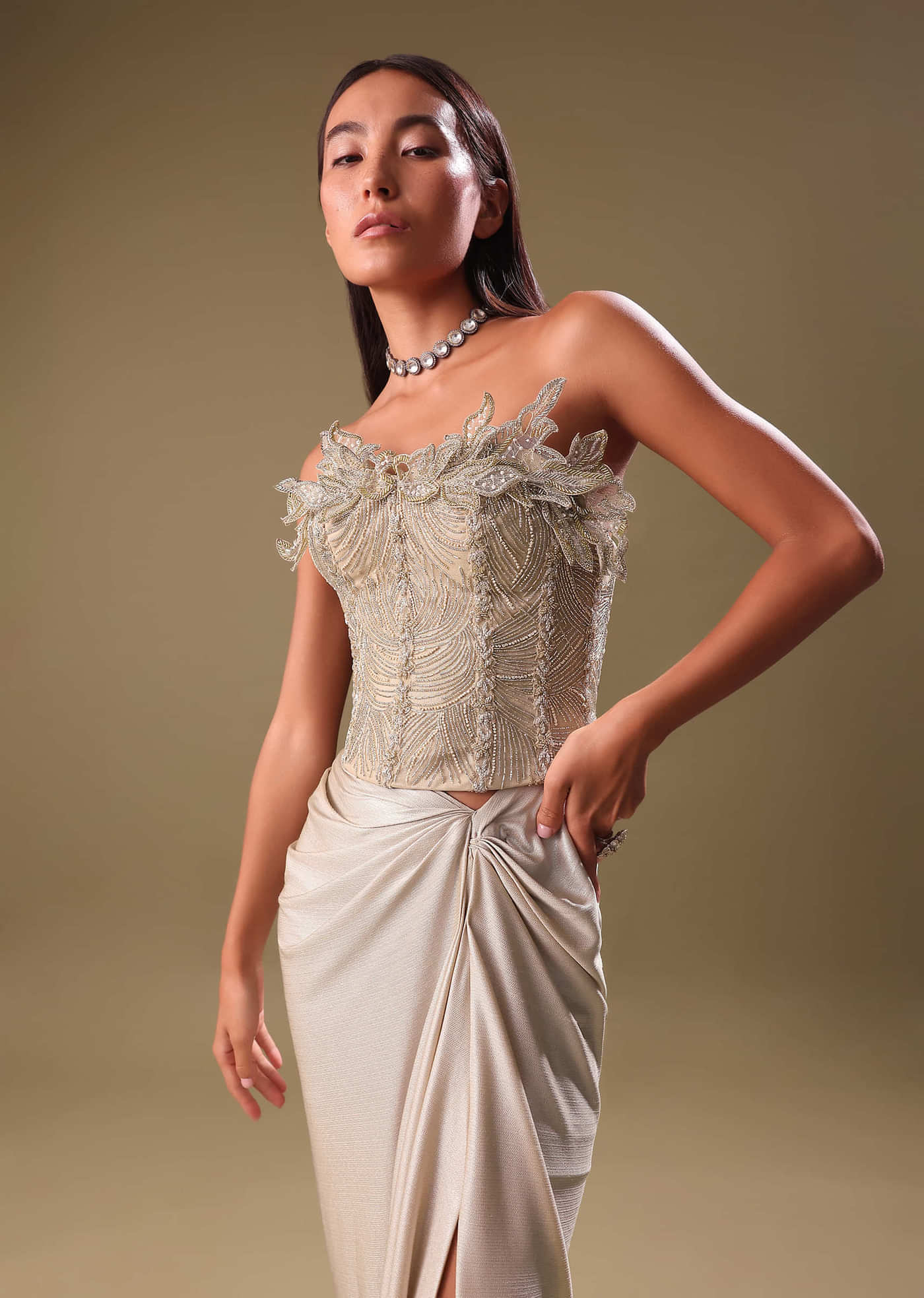 Beige Silver Draped Skirt With Embroidered Blouse