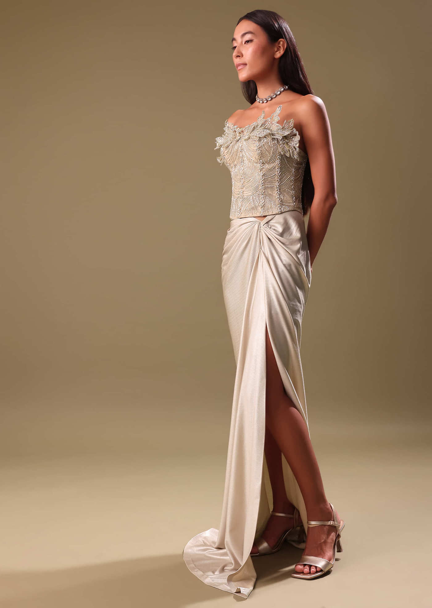 Beige Silver Draped Skirt With Embroidered Blouse