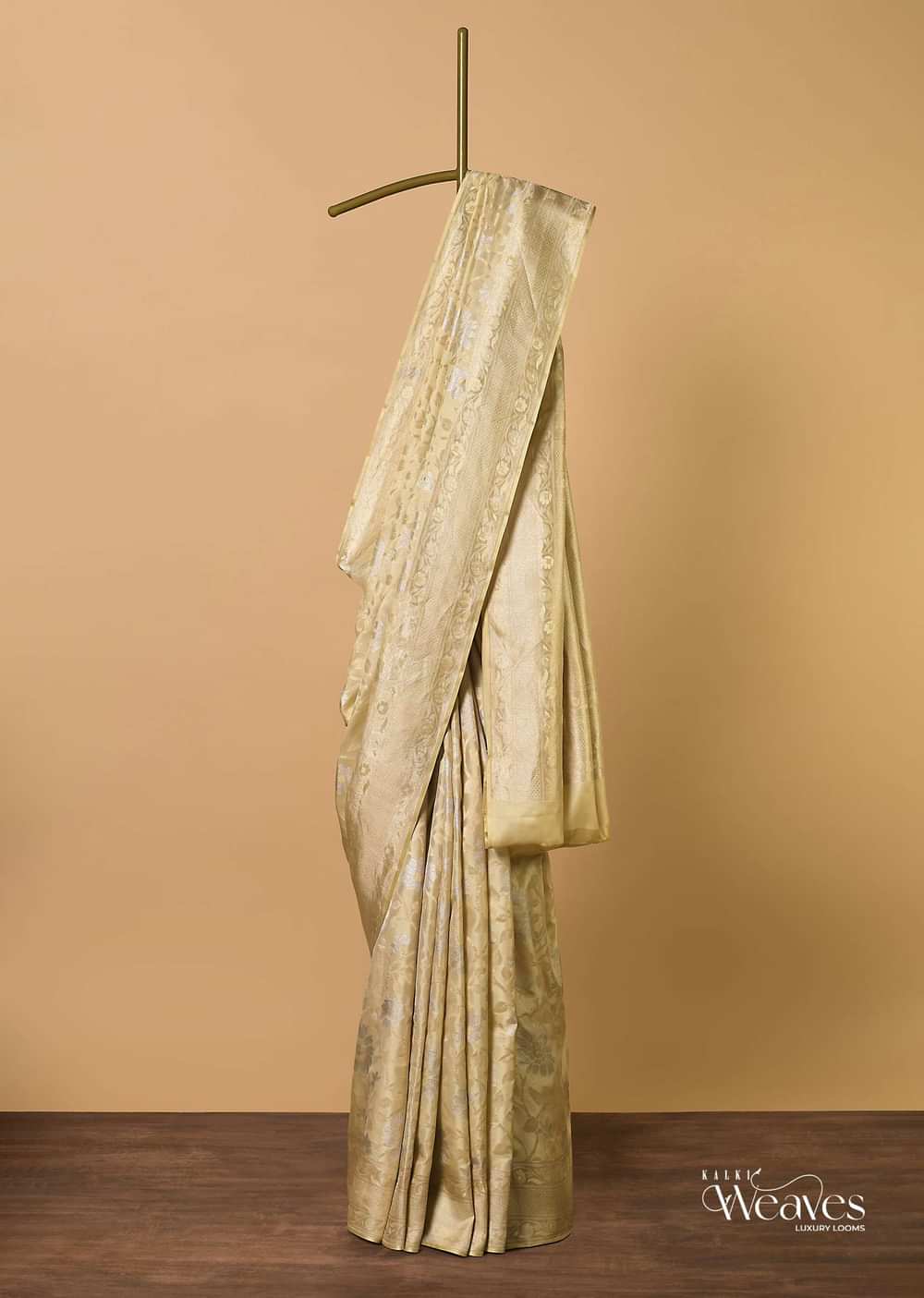 Beige South Dharmavaram Silk Saree With Woven Antique Motifs And Unstitched Blouse Fabric