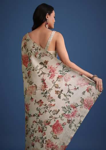 Beige Tissue Muslin Saree With Pitta Work And Digital Print