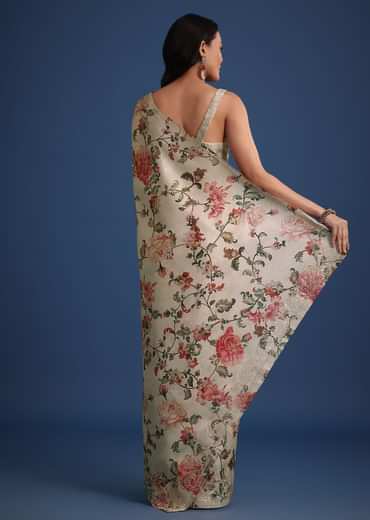 Beige Tissue Muslin Saree With Pitta Work And Digital Print