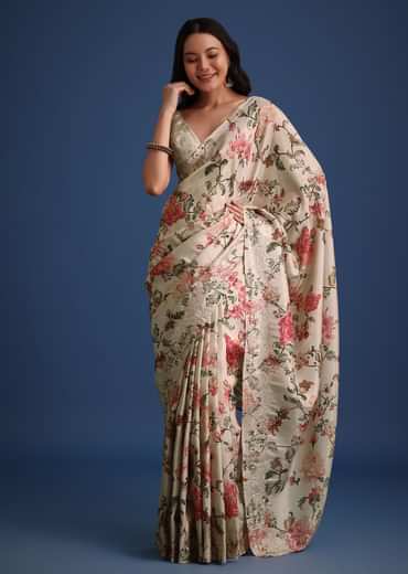 Beige Tissue Muslin Saree With Pitta Work And Digital Print