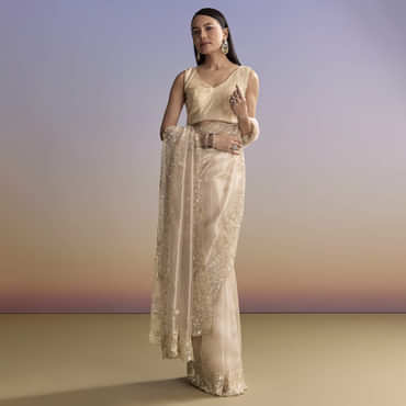 Beige Tissue Saree With Floral Embroidery And Beadwork