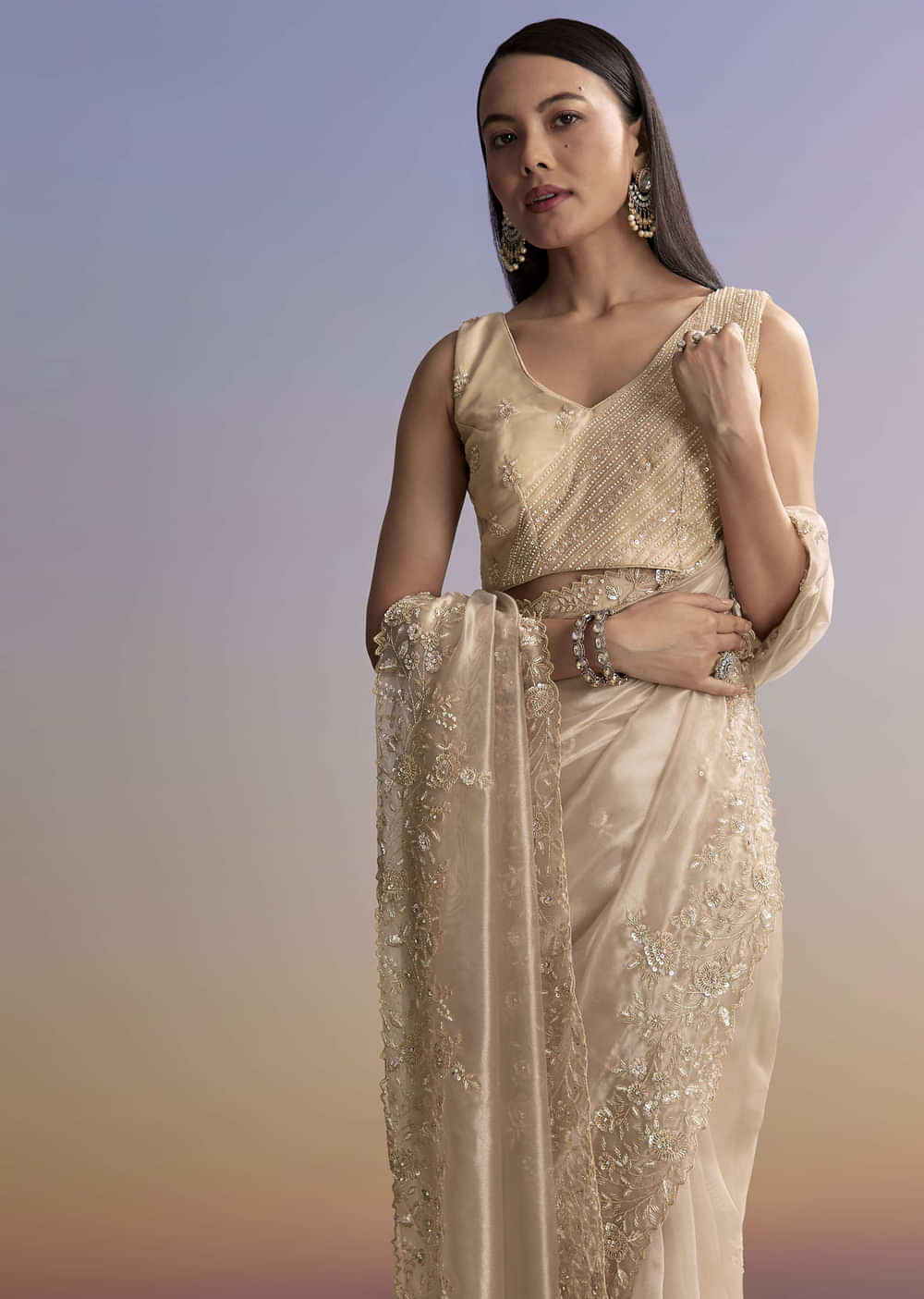 Beige Tissue Saree With Floral Embroidery And Beadwork