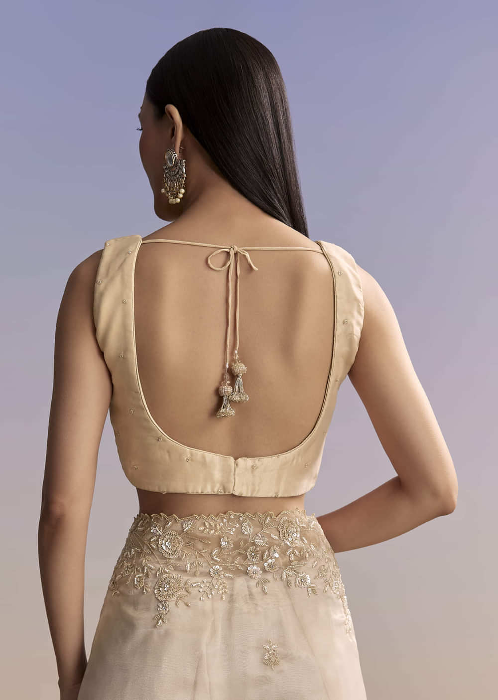 Beige Tissue Saree With Floral Embroidery And Beadwork