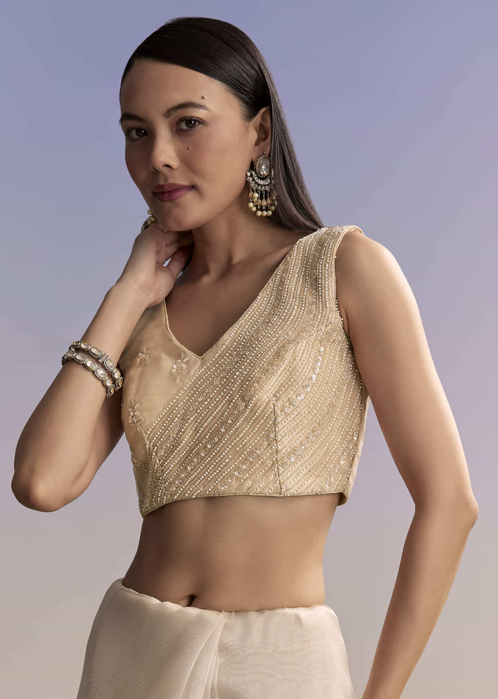 Beige Tissue Saree With Floral Embroidery And Beadwork