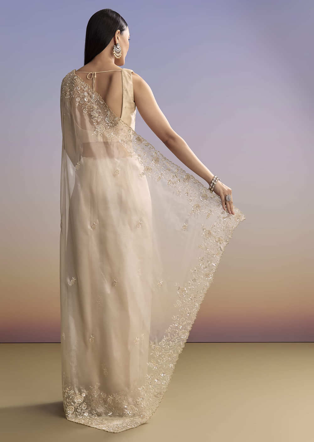 Beige Tissue Saree With Floral Embroidery And Beadwork