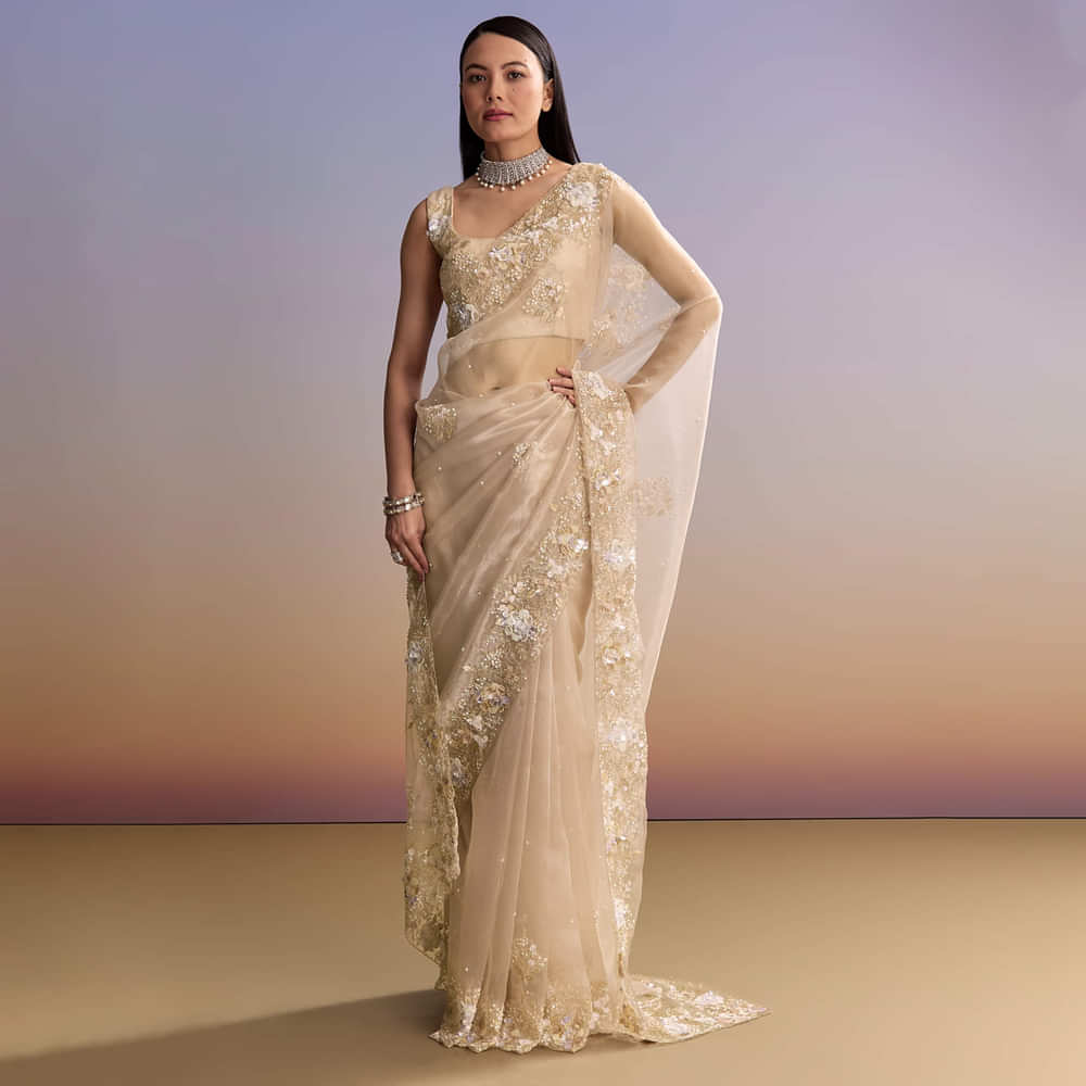 Beige Tissue Saree With Moti And Cutdana Embroidery