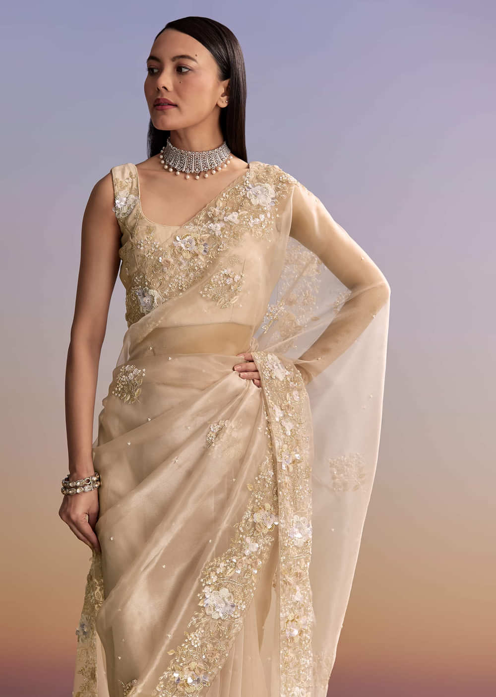 Beige Tissue Saree With Moti And Cutdana Embroidery