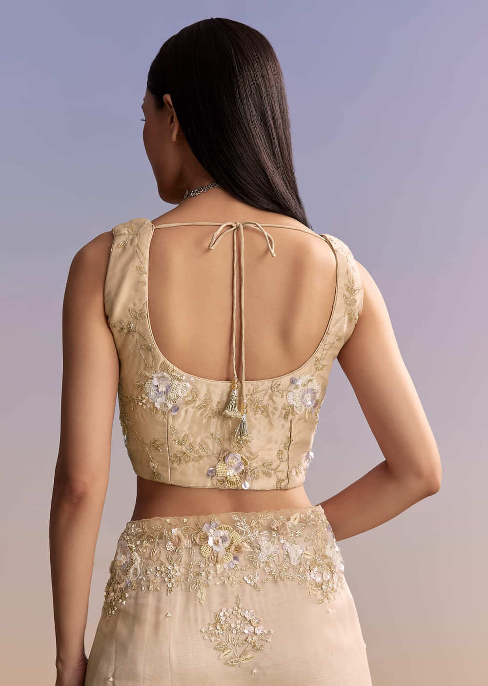 Beige Tissue Saree With Moti And Cutdana Embroidery