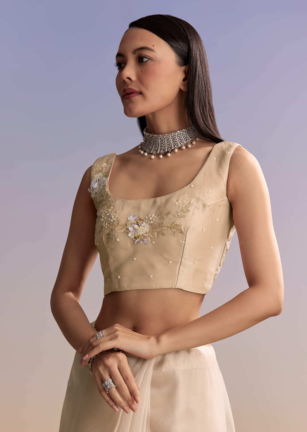 Beige Tissue Saree With Moti And Cutdana Embroidery