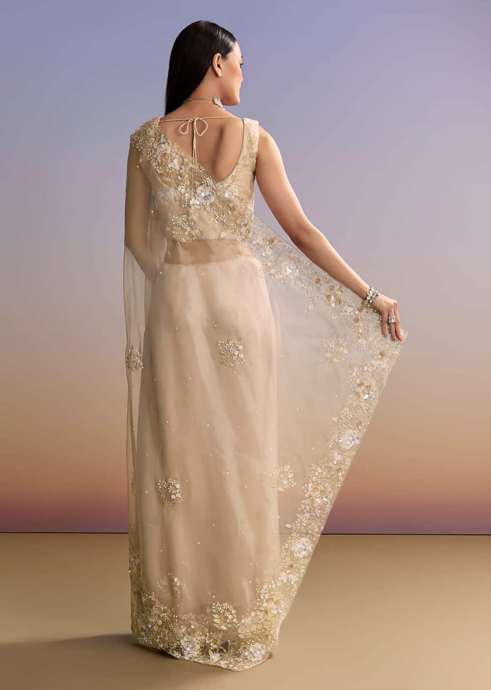 Beige Tissue Saree With Moti And Cutdana Embroidery