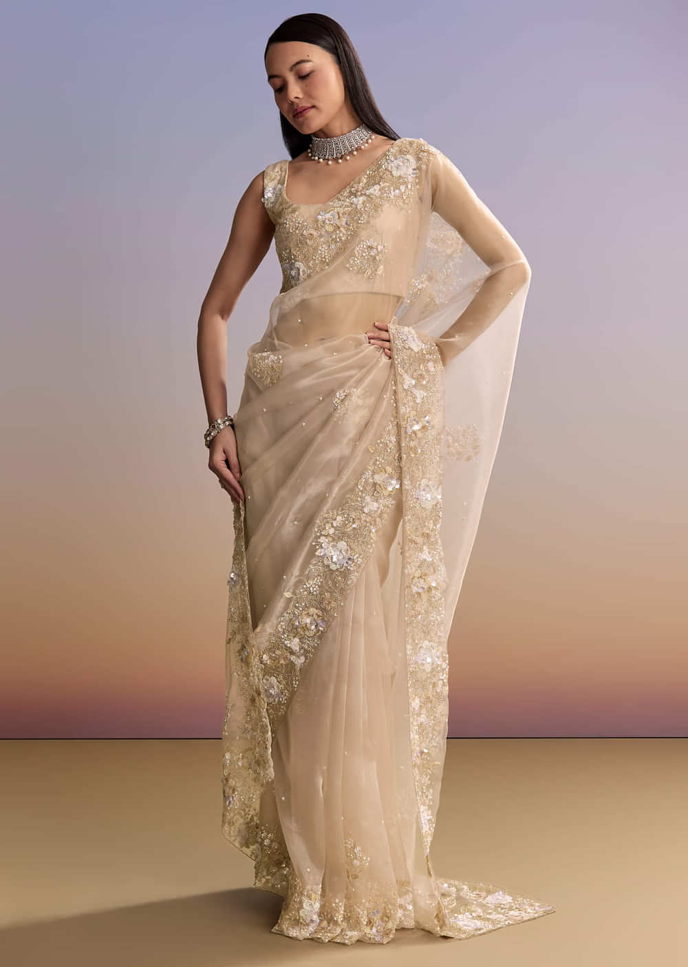 Beige Tissue Saree With Moti And Cutdana Embroidery
