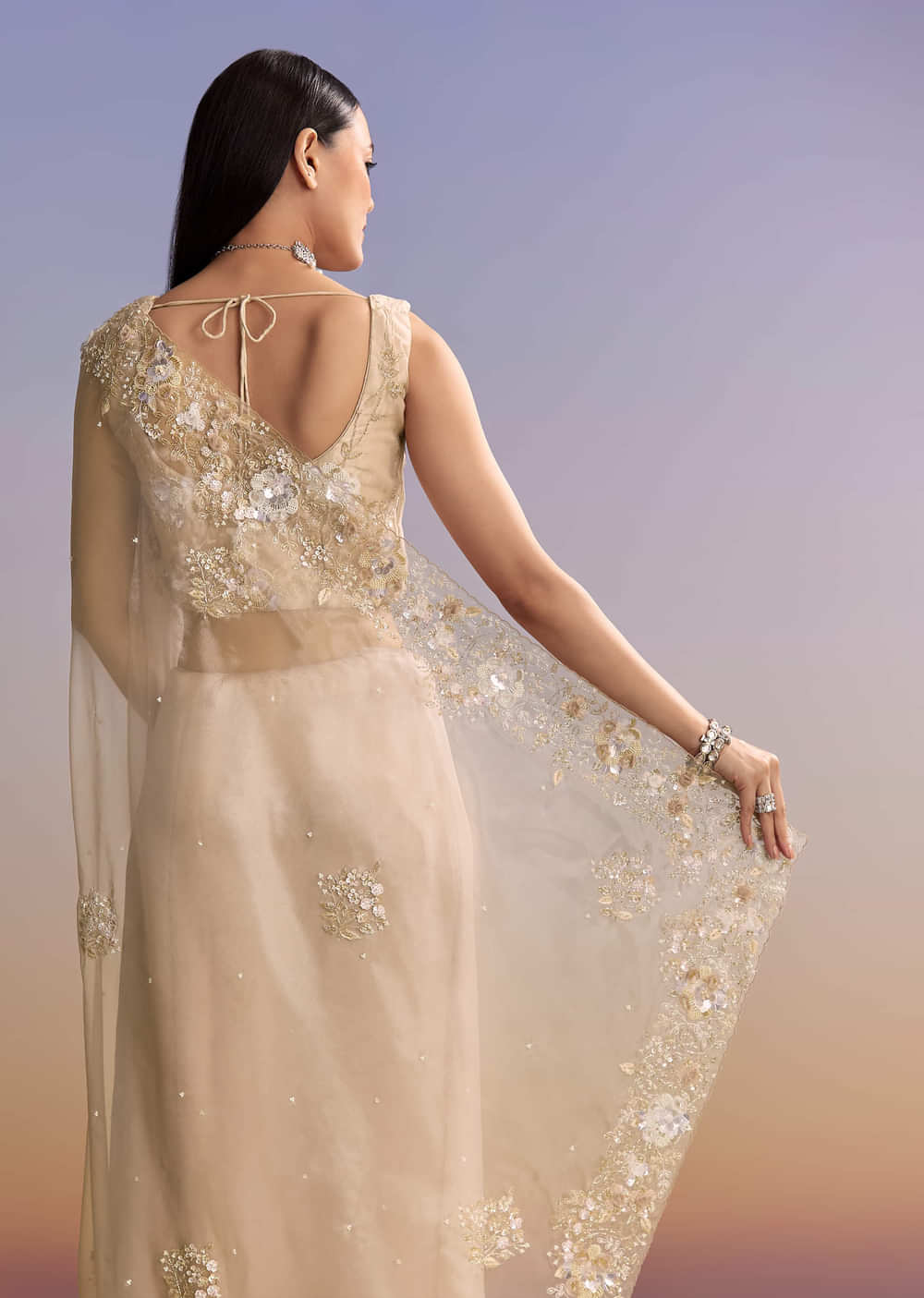 Beige Tissue Saree With Moti And Cutdana Embroidery