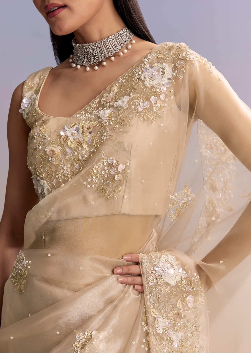 Beige Tissue Saree With Moti And Cutdana Embroidery