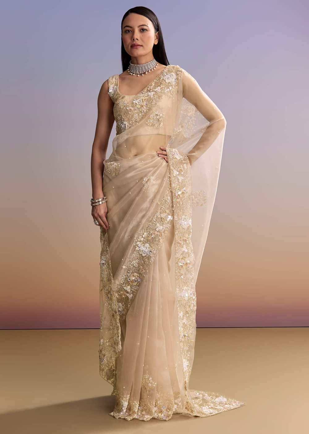 Beige Tissue Saree With Moti And Cutdana Embroidery