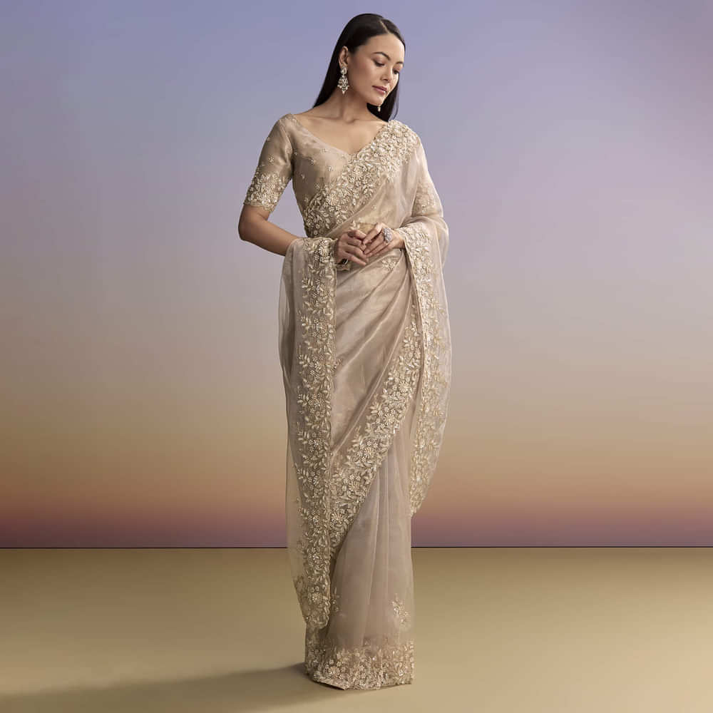 Beige Tissue Saree With Sequins And Cutdana Embroidery
